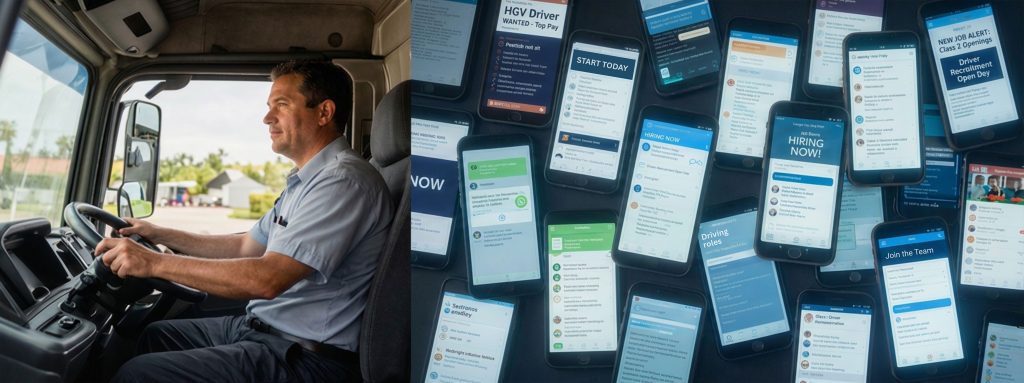 Professional HGV driver surrounded by recruitment opportunities highlighting challenges in UK driver recruitment