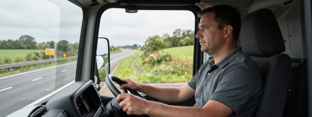 HGV driver operating a commercial vehicle on UK roads during transport recruitment challenges
